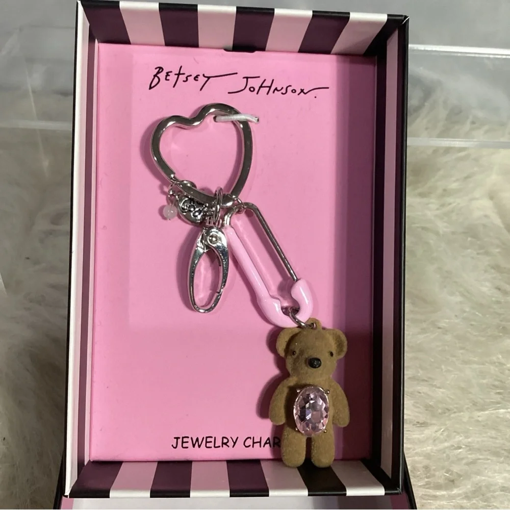 Betsey Johnson Pink Safety Pin Jewel Studded Teddy Bear Keychain Bag Charm NIB